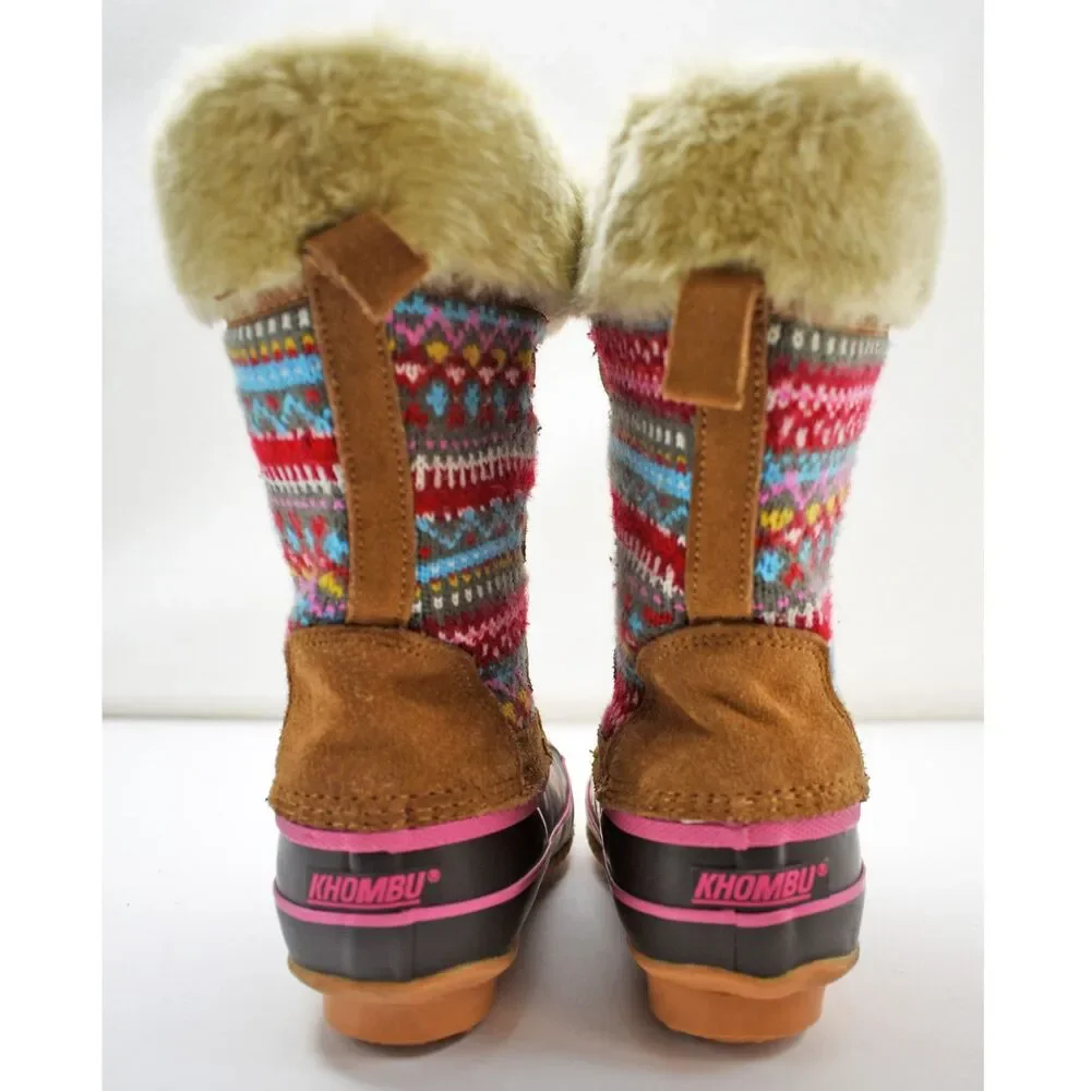 Khombu Dana Brown Suede Multi-Color Sweater Knit Lace Up Boots - Kids Size 1